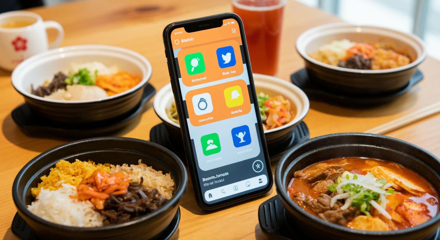 A smartphone screen glowing with colorful Korean food delivery app icons, surrounded by steaming bowls of bibimbap and kimchi jjigae on a wooden table in a cozy Seoul apartment.