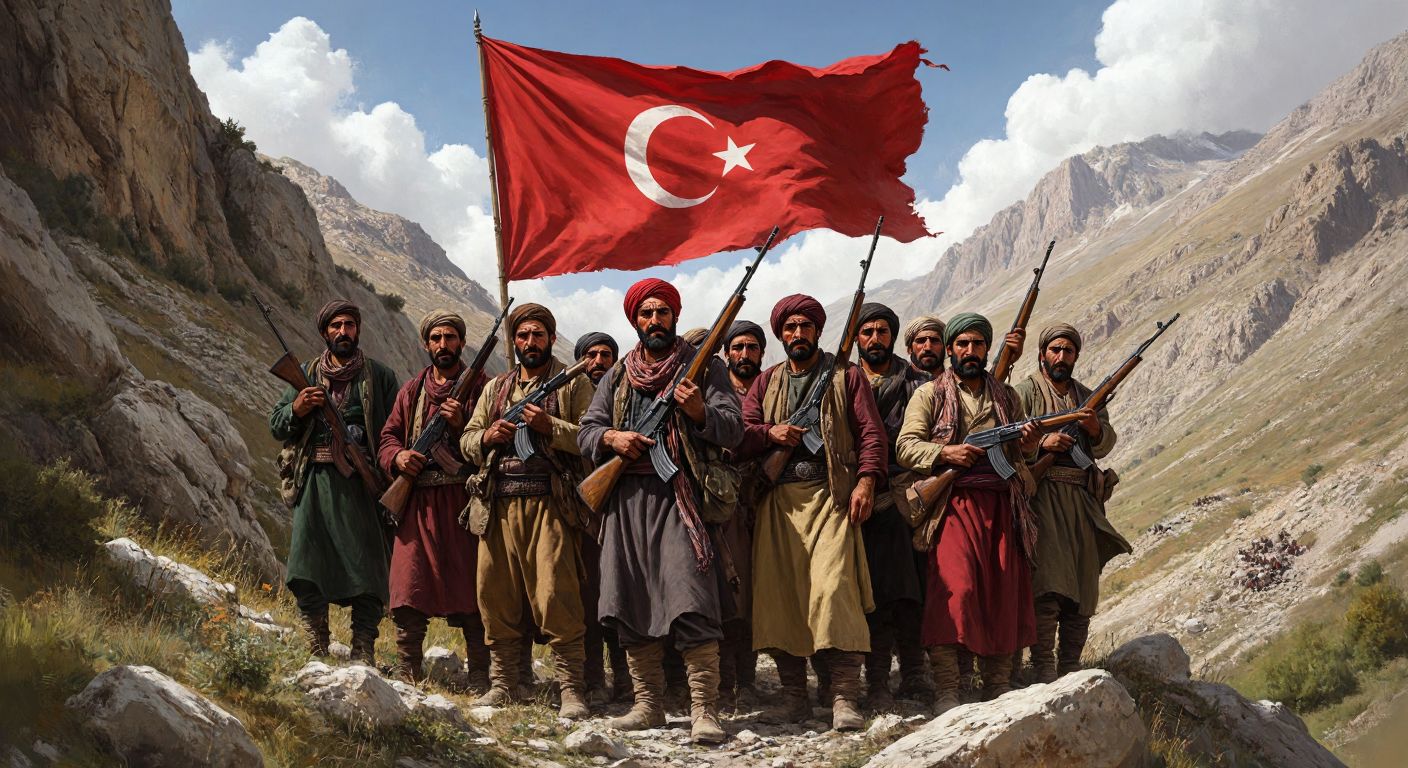 A determined group of Turkish villagers, armed with rifles and clad in traditional Anatolian clothing, stand united under a tattered flag amidst a rugged mountainous landscape, their faces reflecting defiance against foreign oppression.