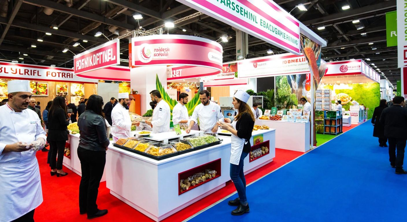 A bustling food fair booth in Turkey with colorful displays of frozen foods, chefs in white uniforms offering samples, and engaged visitors tasting innovative dishes, surrounded by vibrant banners and fresh produce.