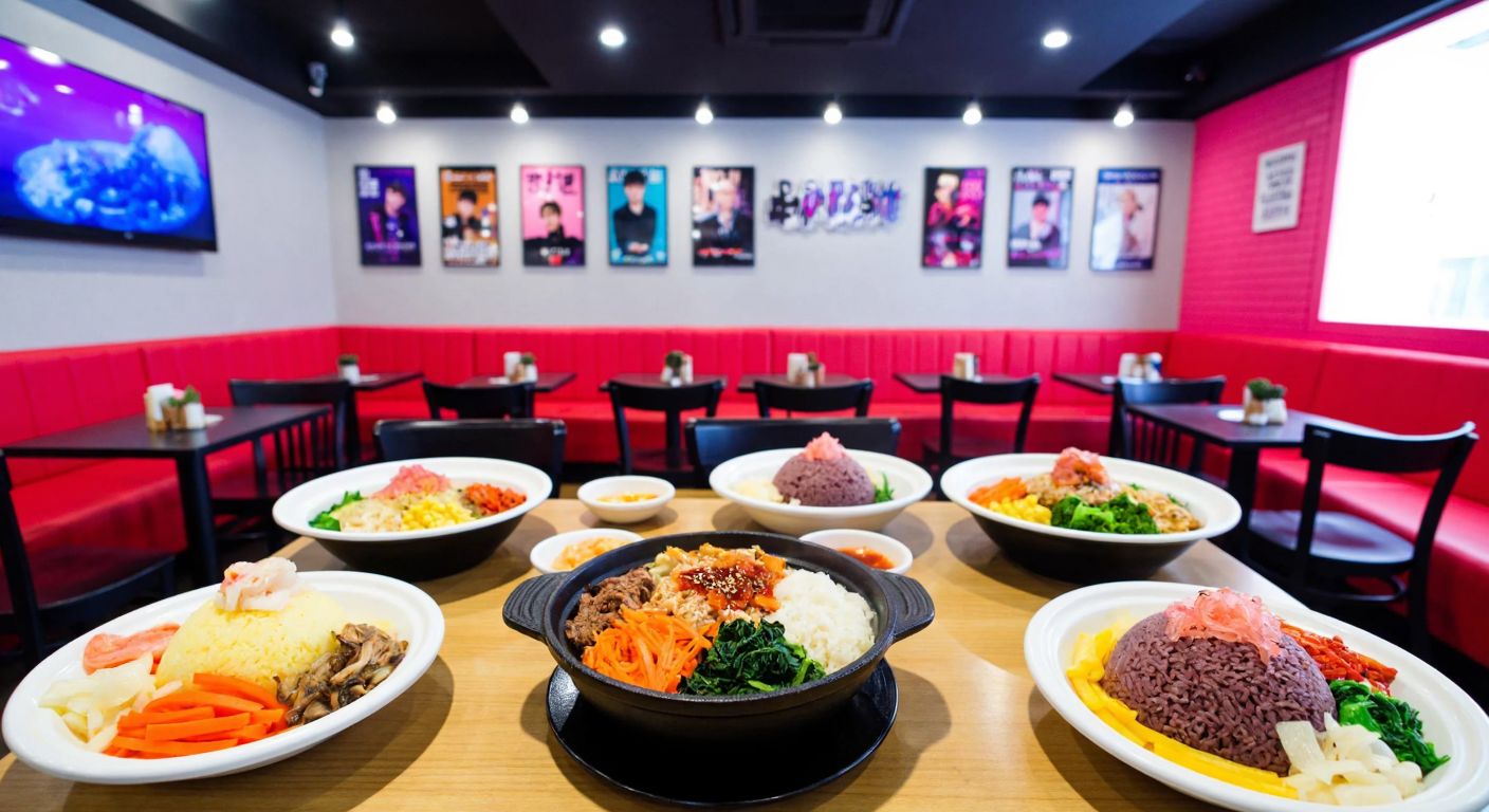 A vibrant Kpop-themed café with tables filled with colorful Korean dishes like steaming bibimbap bowls, sizzling barbecue plates, and shaved ice bingsu desserts, while Kpop posters and memorabilia adorn the walls.