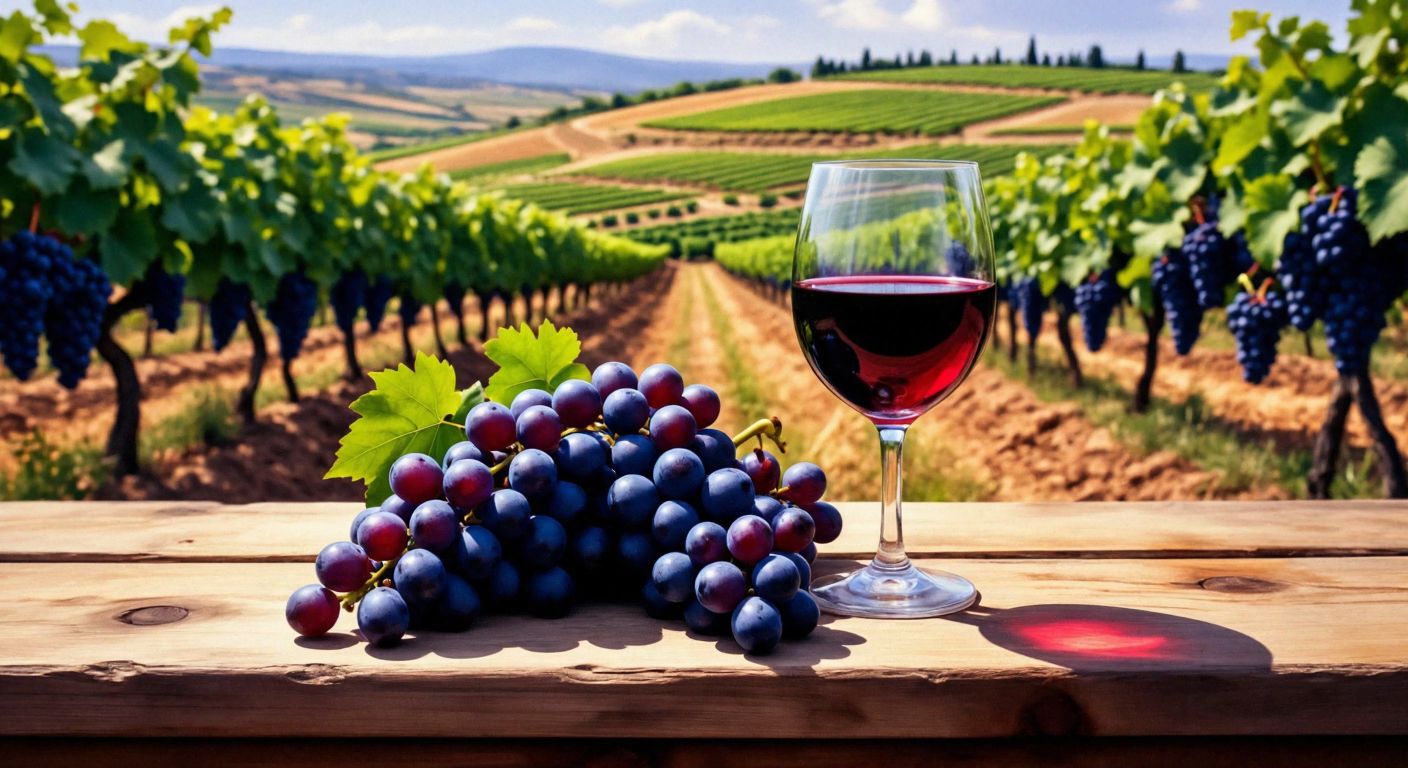 A rustic wooden table in a Turkish vineyard holds a glass of deep red wine beside a cluster of ripe purple grapes, with a sunlit rolling hill of vines in the background.