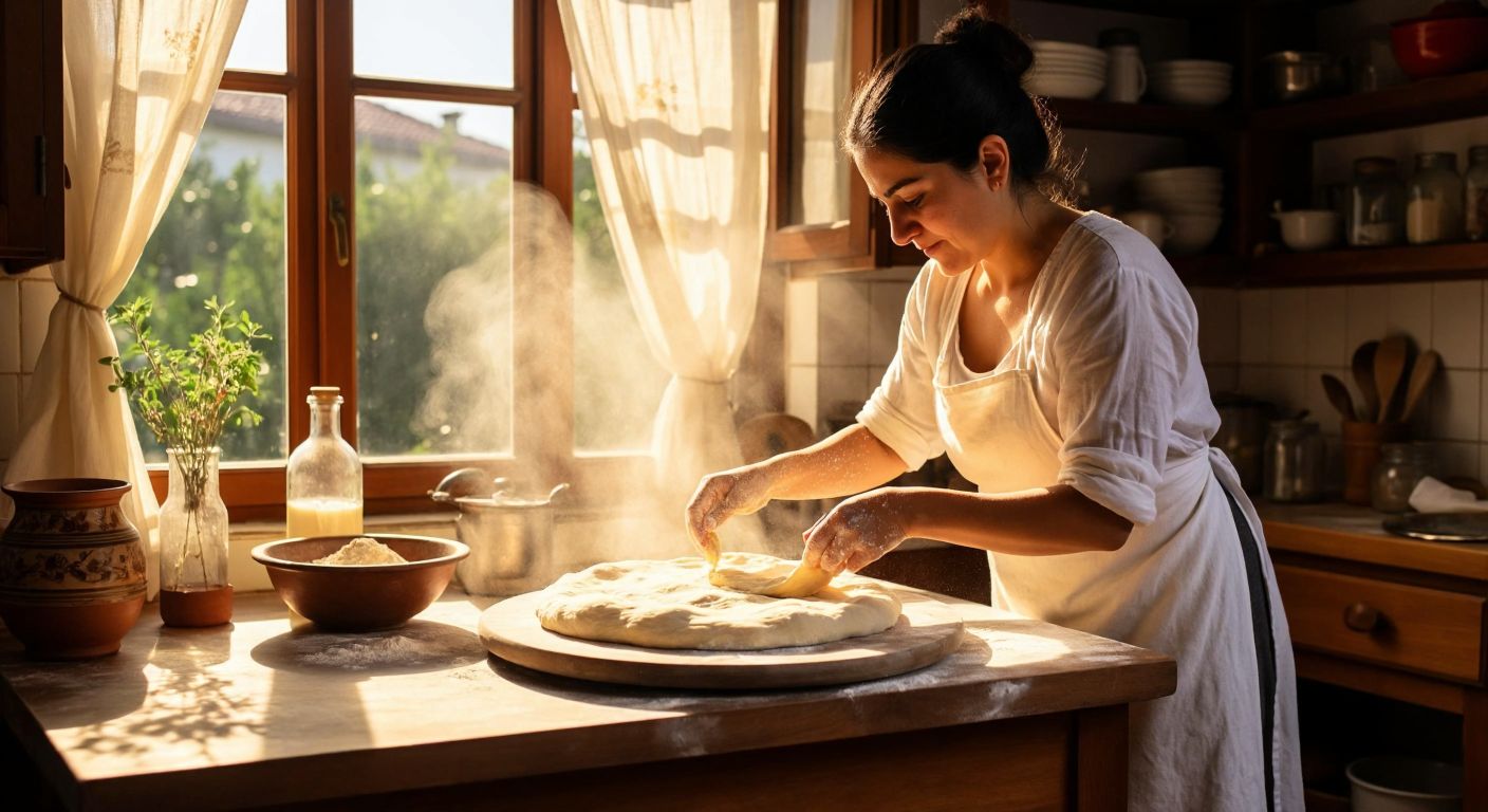 A Turkish woman in a sunlit kitchen kneads soft wheat flour dough on a wooden counter, with a bowl of warm water and a bottle of olive oil nearby, her hands dusted with flour as she prepares to make lavash.