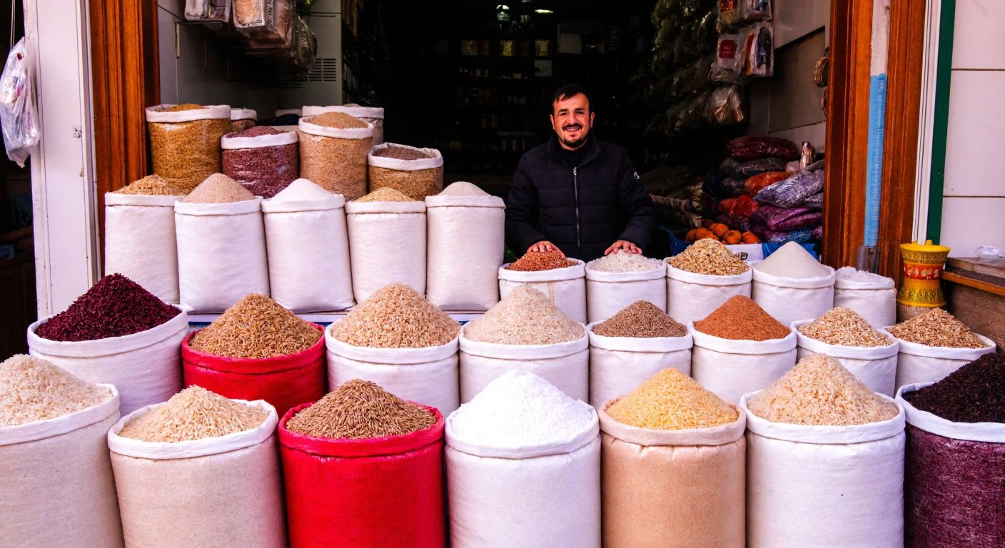 A vibrant market stall in Turkey overflowing with sacks of various rice varieties, from long-grain to short-grain, in earthy tones of white, brown, and red, with a merchant smiling proudly as customers examine the grains.