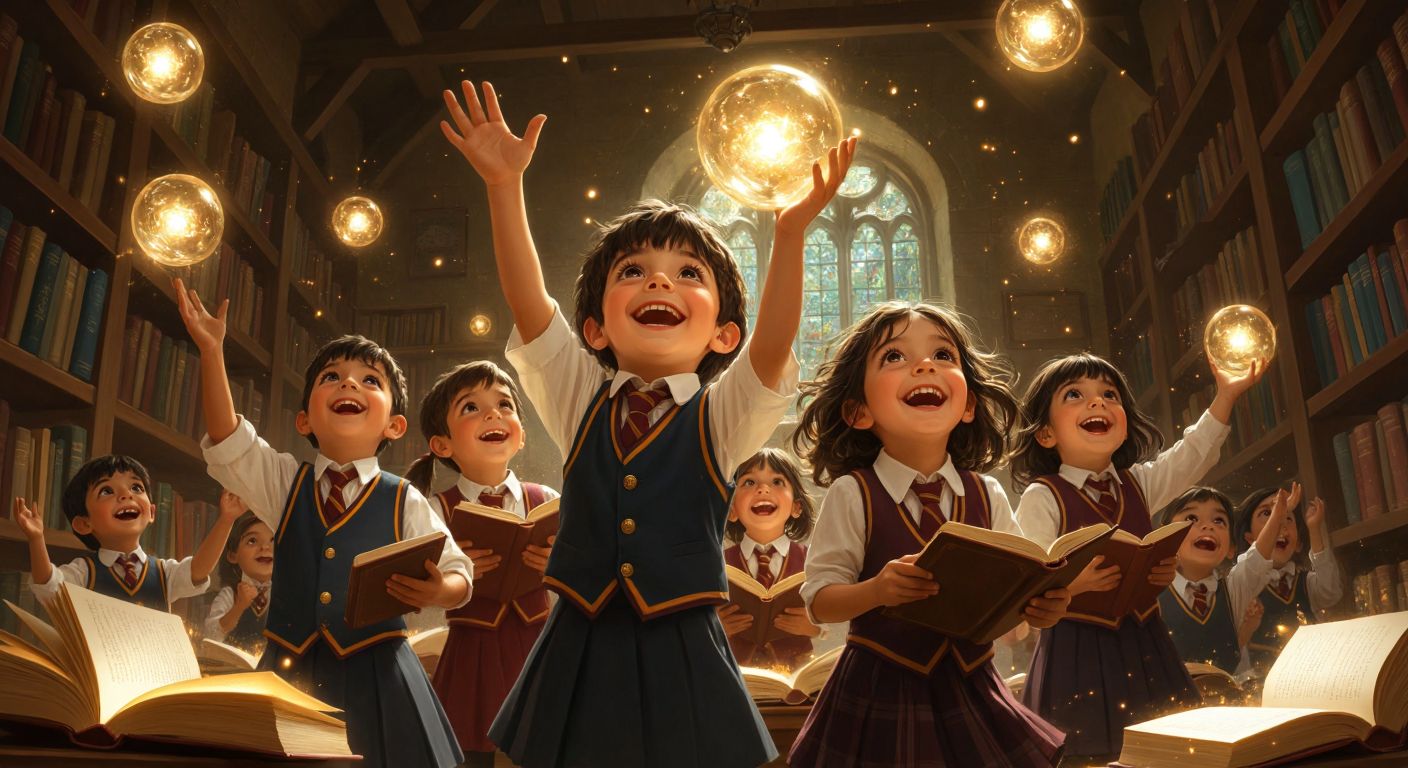 A group of cheerful Turkish children, aged 6 and above, dressed in school uniforms, excitedly exploring a magical classroom filled with glowing books and floating orbs, their faces lit with wonder.