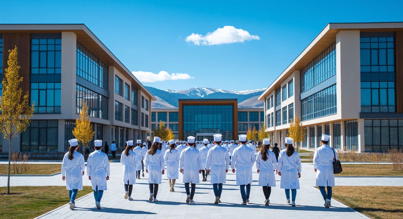 A modern university campus in Erzincan with students in white coats, chef hats, and teacher attire walking past faculty buildings under a bright blue sky.