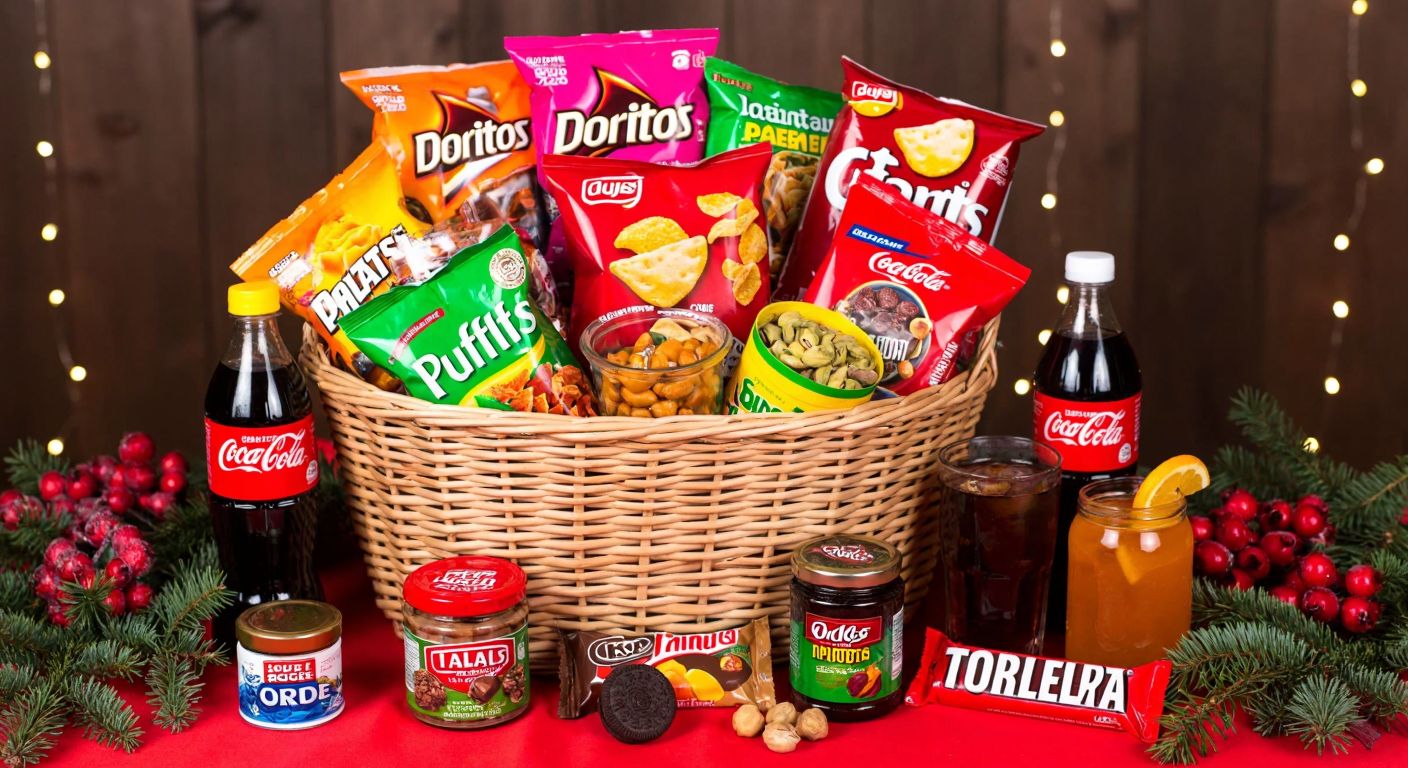 A festive wicker basket overflowing with colorful snack bags of Doritos, Lay’s, and Ruffles chips, jars of roasted peanuts and pistachios, Toblerone chocolate bars, Oreo cookies, and assorted beverages like Coca-Cola and Fanta, all arranged on a red tablecloth with pine branches and twinkling fairy lights in the background.