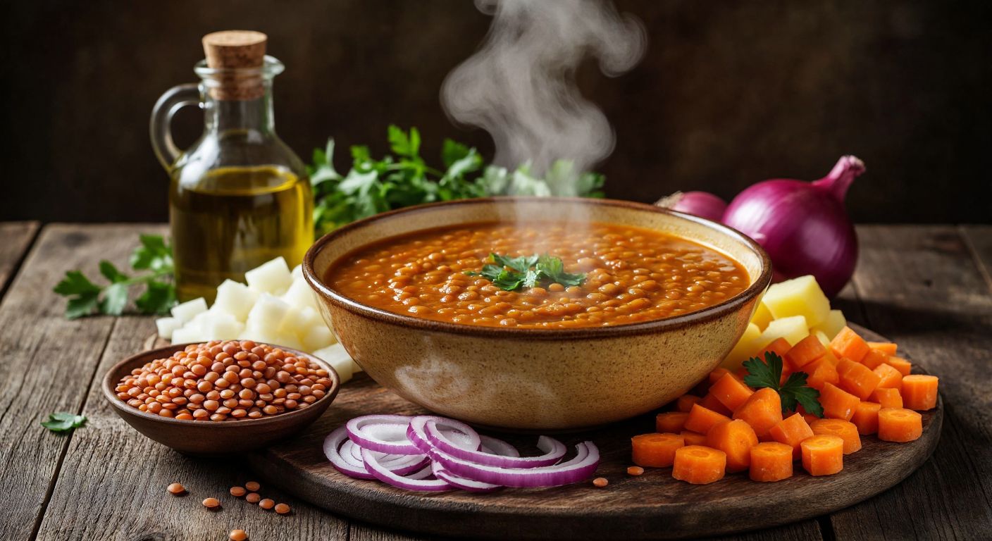 A warm, golden bowl of lentil soup sits on a rustic wooden table, surrounded by fresh ingredients—red lentils, chopped onions, grated carrots, diced potatoes, and a small bottle of olive oil—with steam gently rising from the soup.