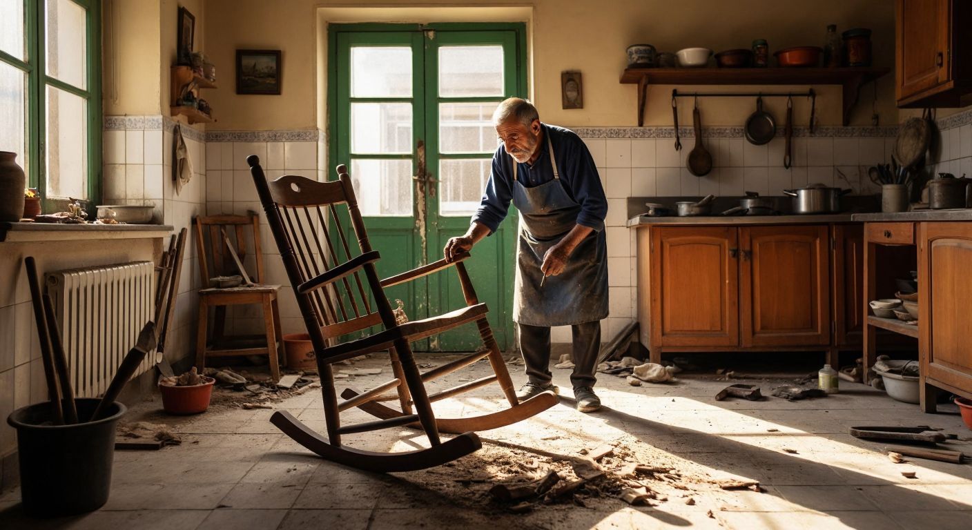 A worn wooden rocking chair with a cracked leg sits tilted on a tiled floor in a sunlit Turkish kitchen, surrounded by scattered tools and a concerned elderly craftsman in an apron examining the damage.