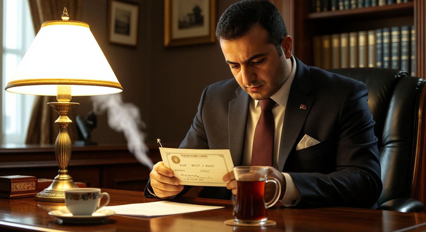 A Turkish businessman in a formal suit carefully examines a signed check under the warm light of a traditional desk lamp in an Ankara office, with a steaming cup of Turkish coffee beside him.