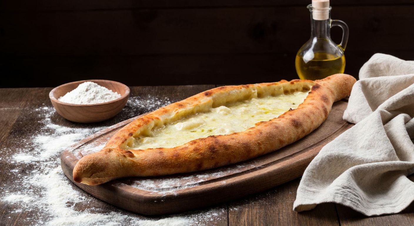 A warm, golden-brown kebap pide rests on a wooden table, its soft, fluffy interior slightly exposed, surrounded by scattered flour, a bowl of olive oil, and a damp cloth draped nearby, evoking the careful preparation of traditional Turkish bread.