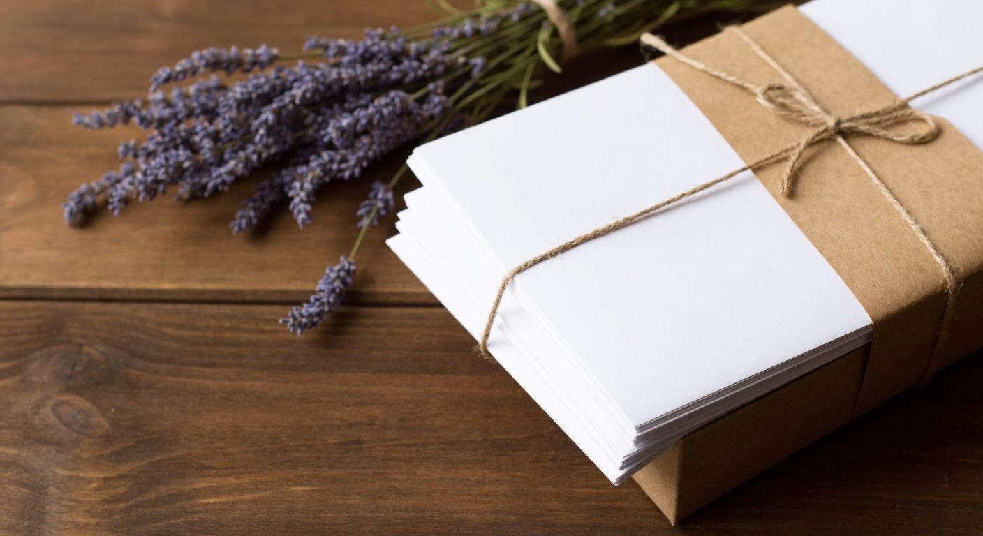 A stack of crisp white paper sheets neatly wrapped in a brown kraft paper package, resting on a wooden table beside a handcrafted gift box tied with twine and fresh lavender sprigs.