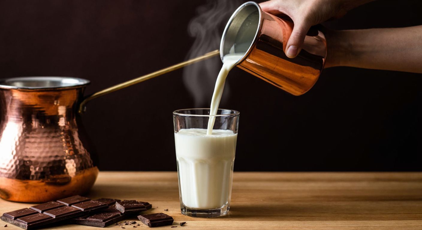 A warm Turkish kitchen with a copper pot gently melting dark kuvertür chocolate, a glass of fresh milk being poured into it, and steam rising as the two blend smoothly.