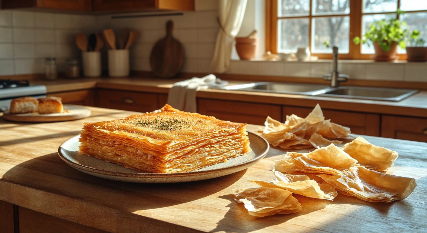 A golden-brown, crispy layered dessert (yoka tatlısı) sits on a ceramic plate, surrounded by scattered dry phyllo sheets (kuru yufka) on a wooden kitchen counter in a sunlit Turkish home.