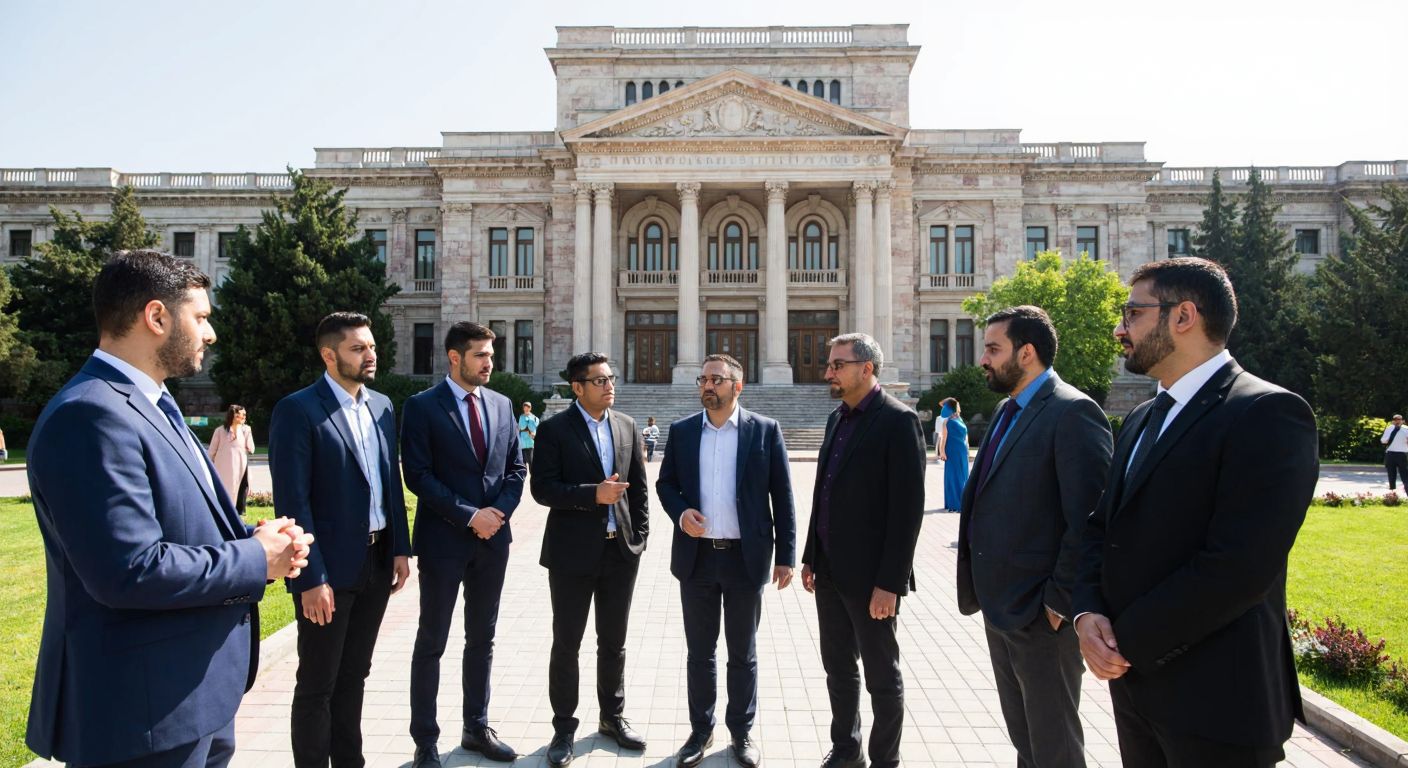 A group of diverse academics in formal attire standing in front of a grand university building in Turkey, engaged in a serious discussion.
