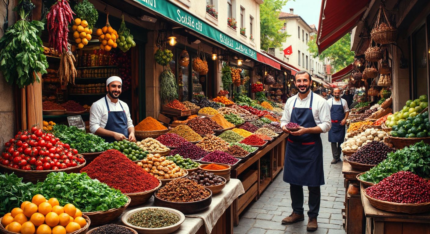 A vibrant Turkish marketplace with fresh produce, colorful spices, and traditional dishes like baklava and kebabs, surrounded by smiling farmers and food producers in aprons, symbolizing the sustainable growth of the food and beverage industry.