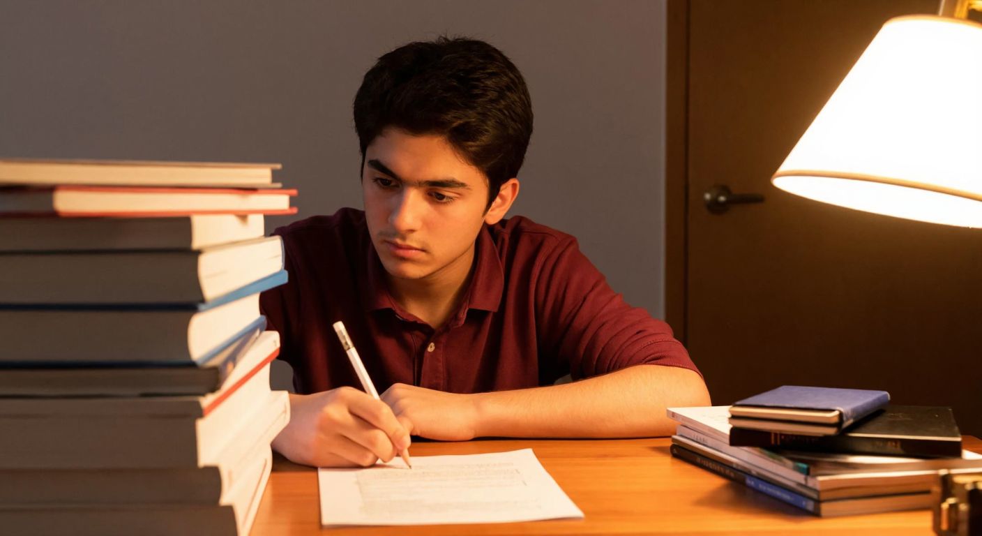A focused young student in Turkey sits at a wooden desk, surrounded by stacks of books and a pencil, looking determined while solving a test paper under warm lamplight.