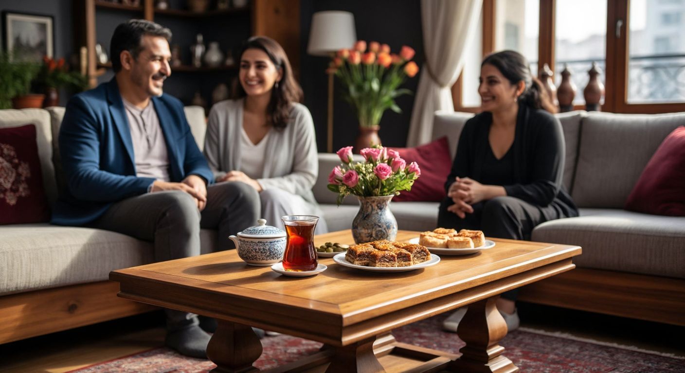A cozy Turkish living room with a wooden coffee table at the center, topped with a steaming çay glass, a plate of baklava, and a vase of fresh flowers, surrounded by plush sofas where a smiling family chats warmly.