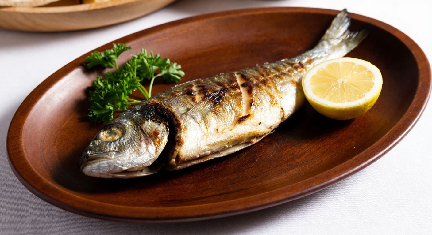 A freshly grilled kolyoz fish, golden-brown and glistening with olive oil, served on a rustic wooden plate beside a slice of lemon and a sprig of parsley, evoking the warmth of a seaside taverna in Turkey.