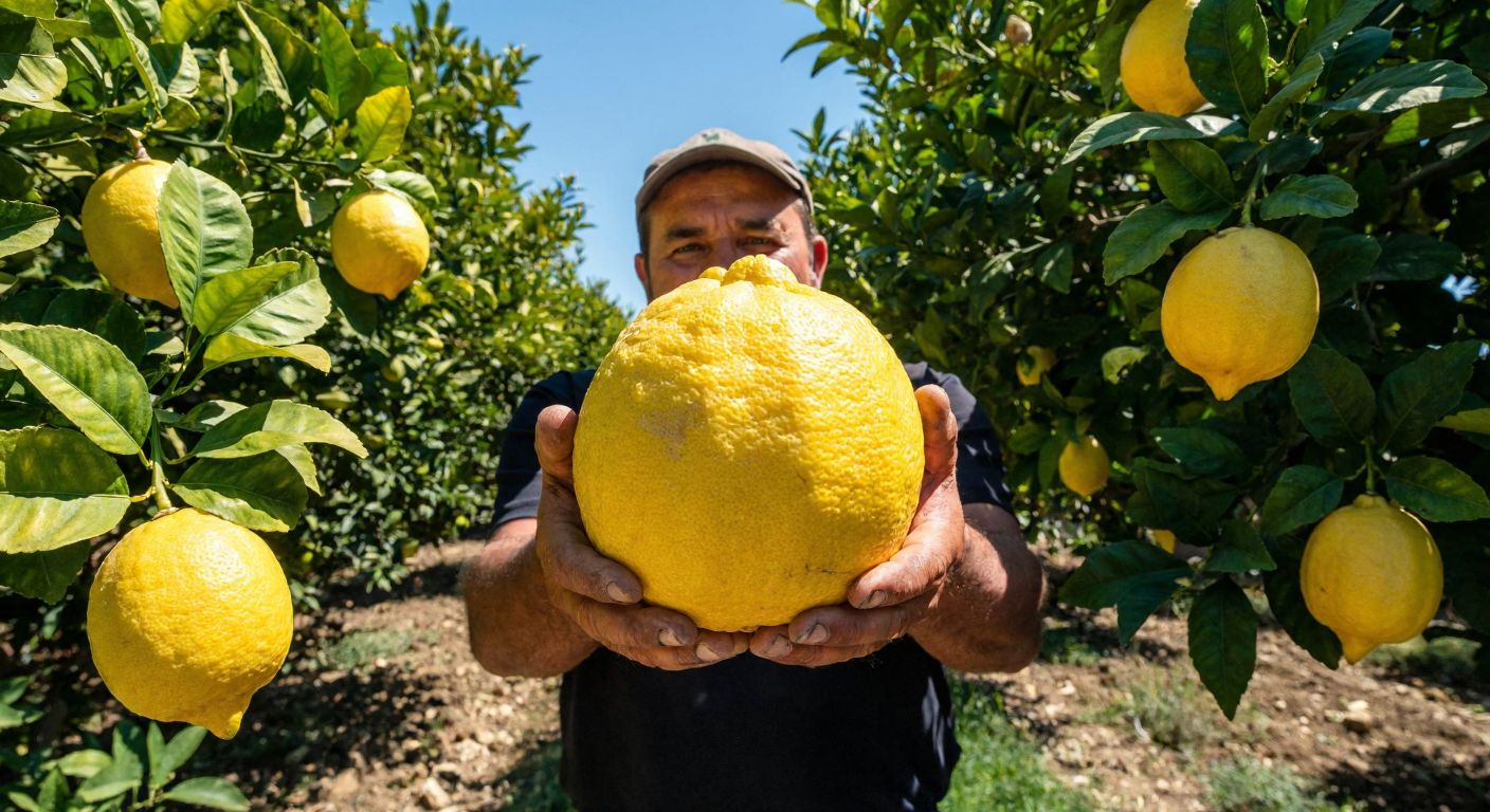 A sunlit lemon orchard in Mersin, Turkey, with a farmer proudly holding an enormous, glossy yellow Ponderosa lemon nearly the size of a melon, surrounded by smaller lemons on lush green branches.