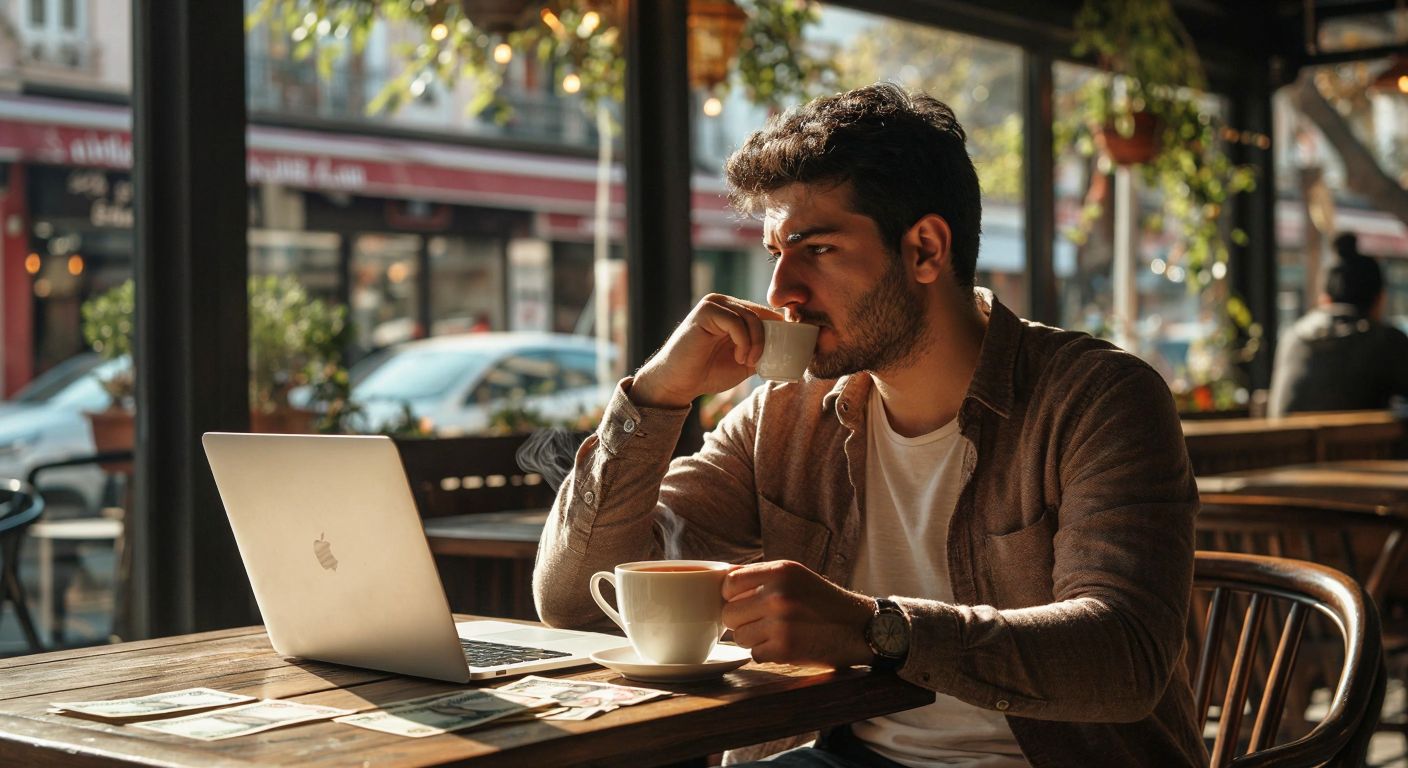 A Turkish man in casual attire sits at a sunlit café table with a laptop, holding a steaming cup of çay while glancing at a small stack of Turkish lira banknotes beside him, his expression thoughtful yet slightly hesitant.
