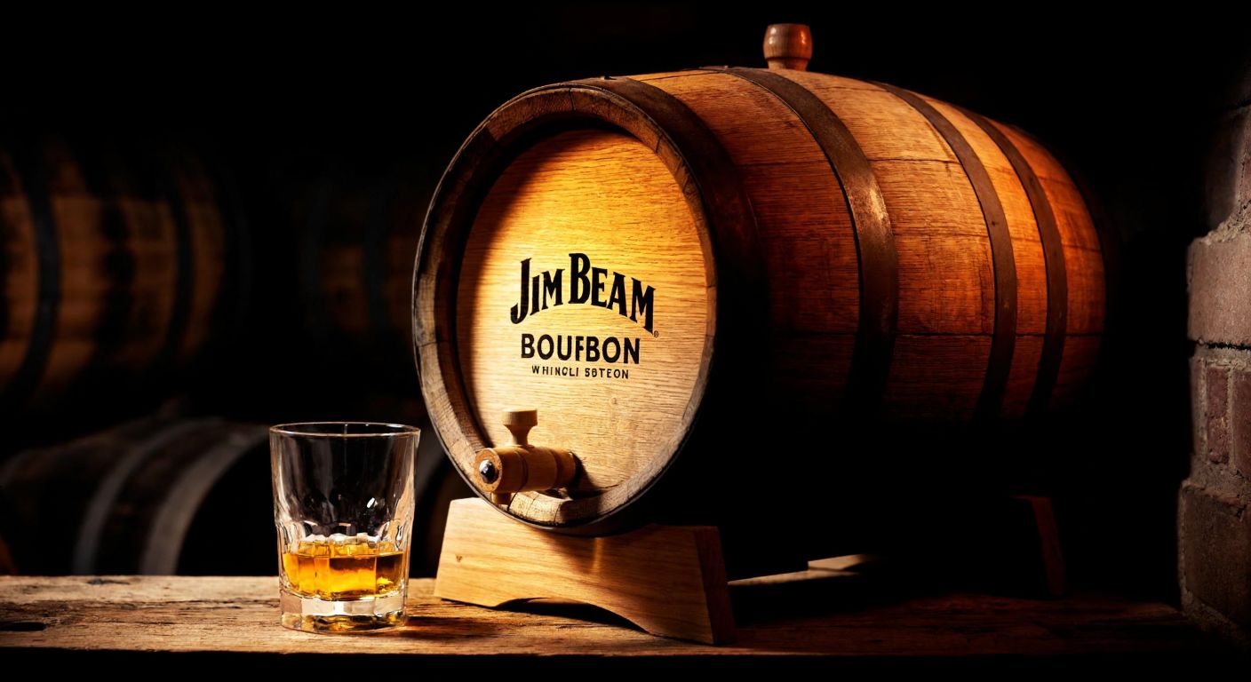 A rustic wooden barrel of Jim Beam bourbon resting in a dimly lit cellar, with warm amber light reflecting off the aged oak and a glass of golden whiskey beside it.
