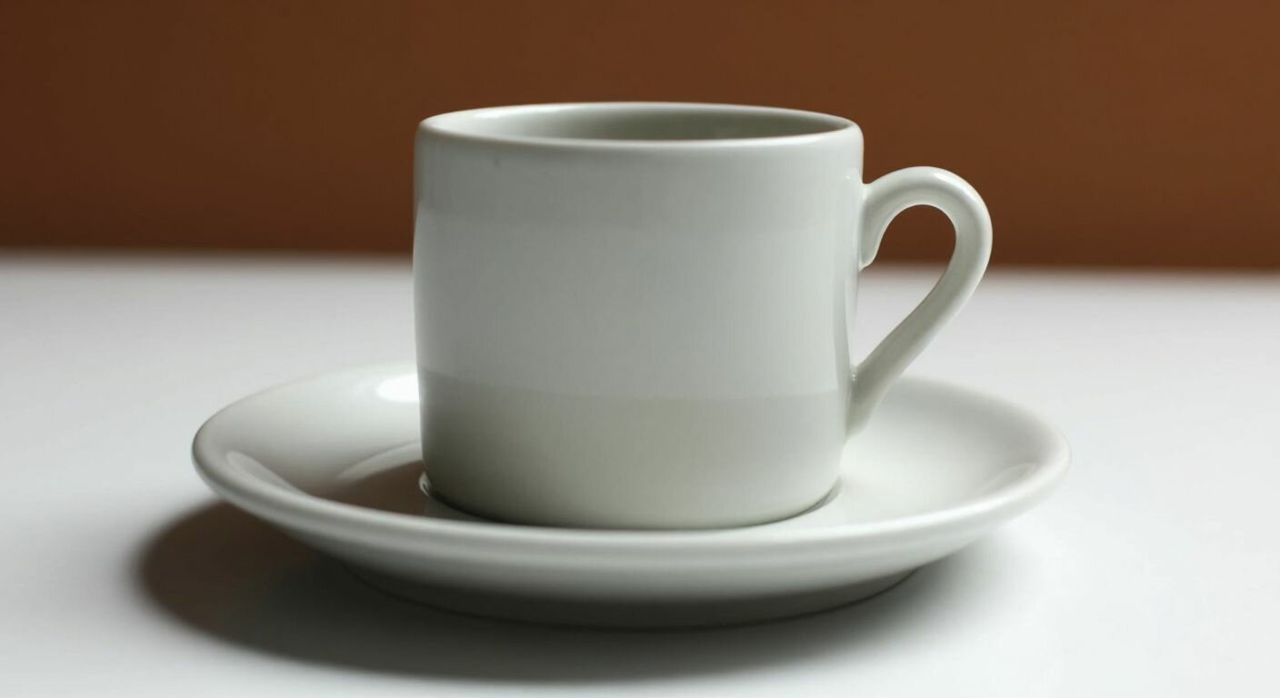 A small, classic white ceramic coffee cup with a simple handle, placed on a saucer, evoking the warmth of traditional Turkish coffee culture.