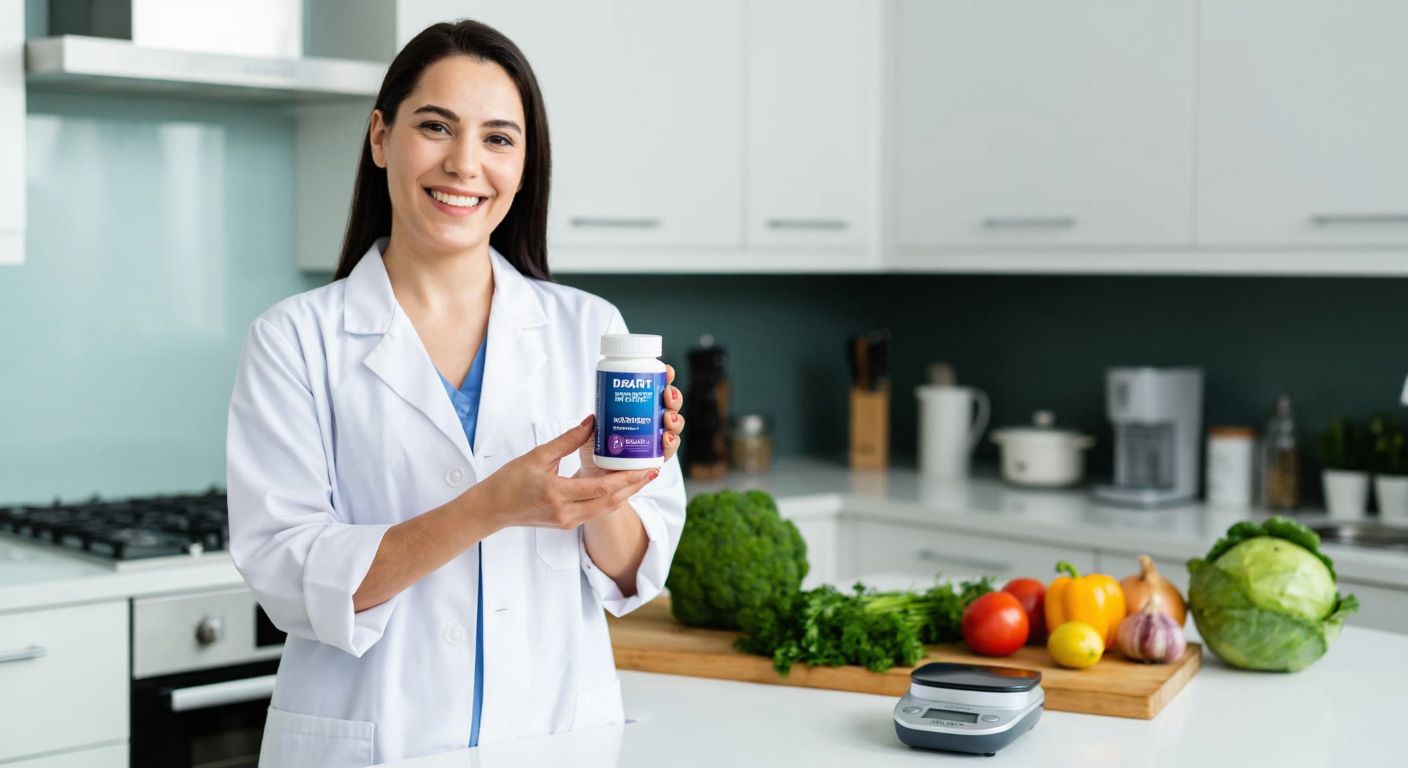 A cheerful Turkish dietitian in a white coat holds a bottle of Botafitt supplements while standing in a bright, modern kitchen with fresh vegetables and a digital scale on the counter.