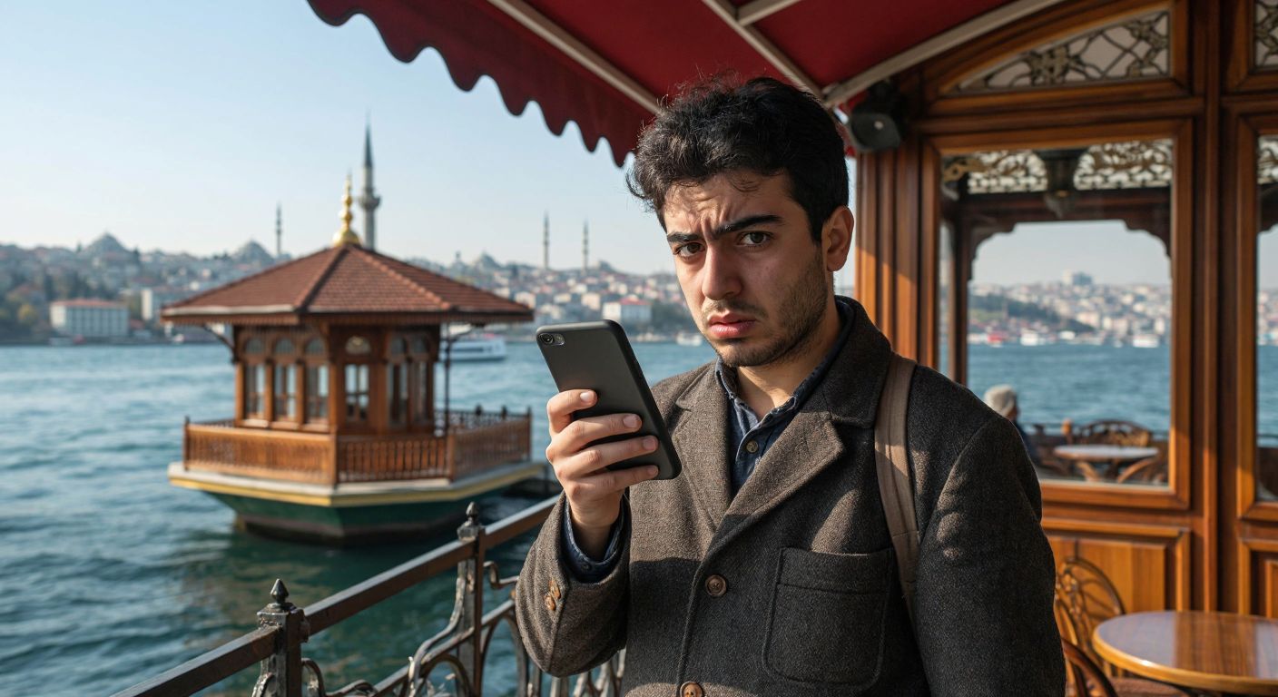 A worried person in Istanbul's Anatolian side holds a ringing phone with a suspicious expression, standing near a traditional Turkish tea house with the Bosphorus in the background.
