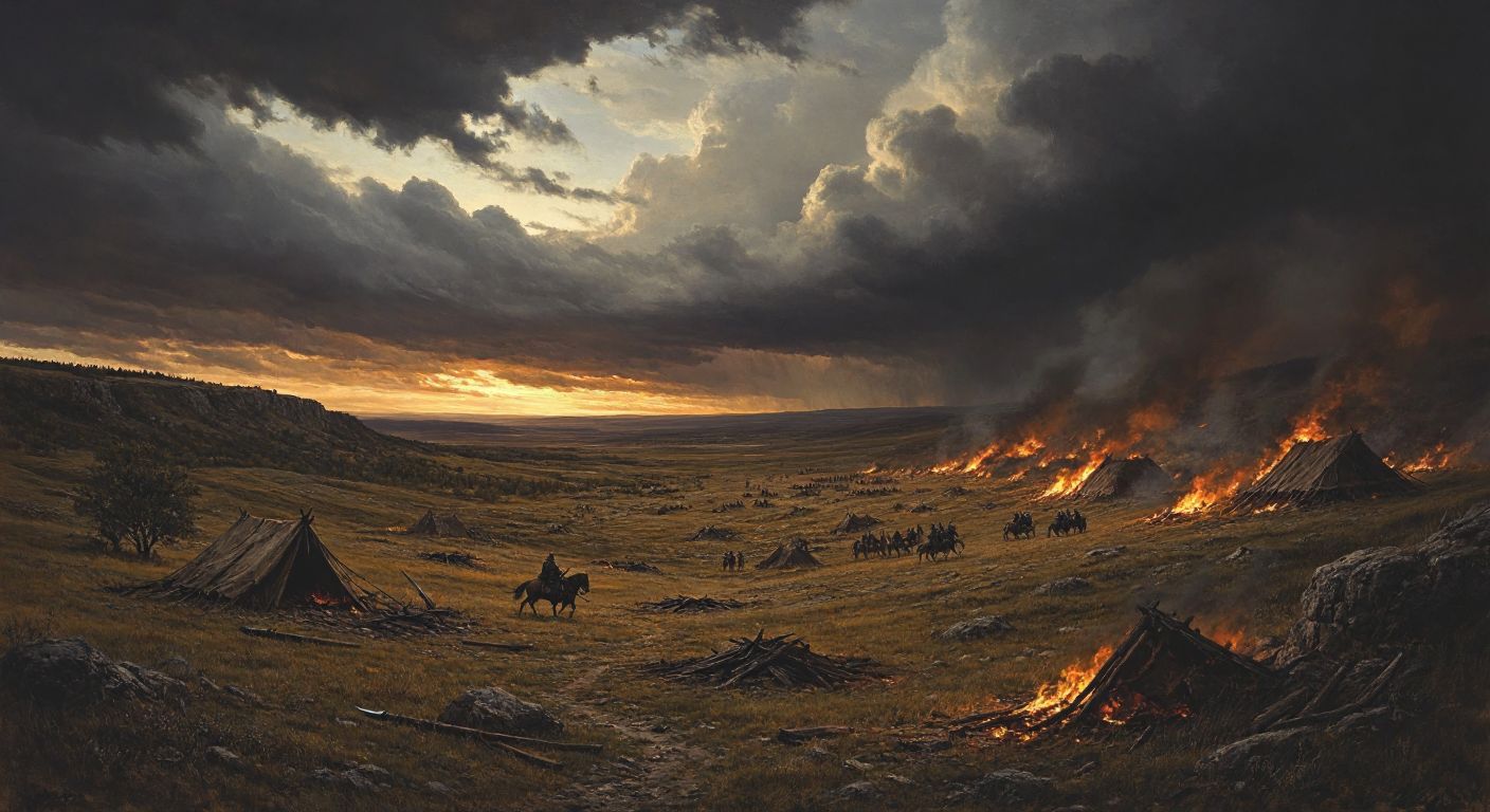 A rugged, shadowy steppe landscape with scattered remnants of a once-mighty Hun encampment—broken weapons, smoldering fires, and distant riders fleeing under a stormy sky, symbolizing collapse after Attila's death.