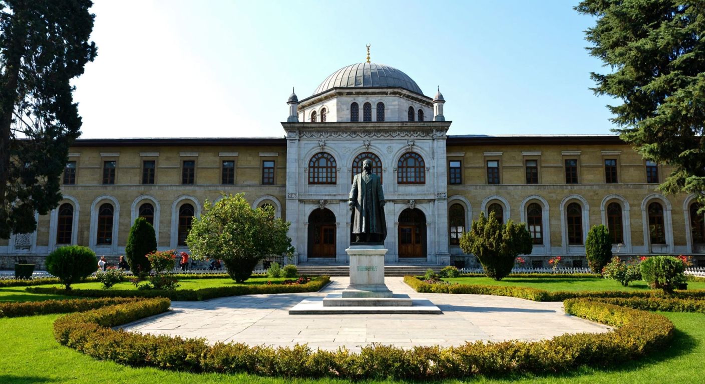 A grand Ottoman-era university building with a domed roof and arched windows, surrounded by lush gardens, with a statue of Bezmiâlem Valide Sultan standing proudly in front, dressed in traditional 19th-century Ottoman attire.
