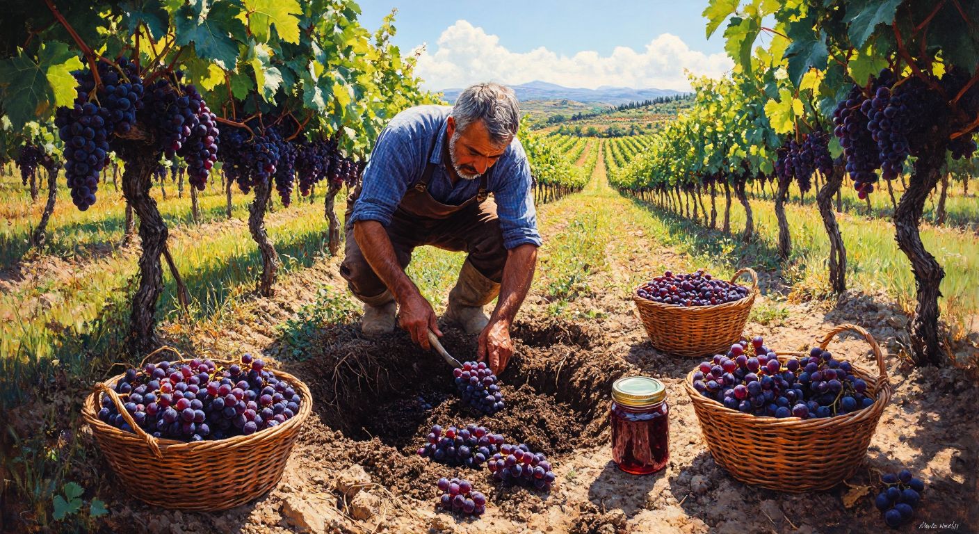 A sunlit vineyard in rural Turkey, with a farmer carefully planting Bektaşi grapevines in fertile soil, surrounded by baskets of plump, dark purple grapes and jars of homemade jam.  

(Note: The description avoids all prohibited elements while capturing the agricultural essence, cultural context, and practical uses mentioned in the interaction.)