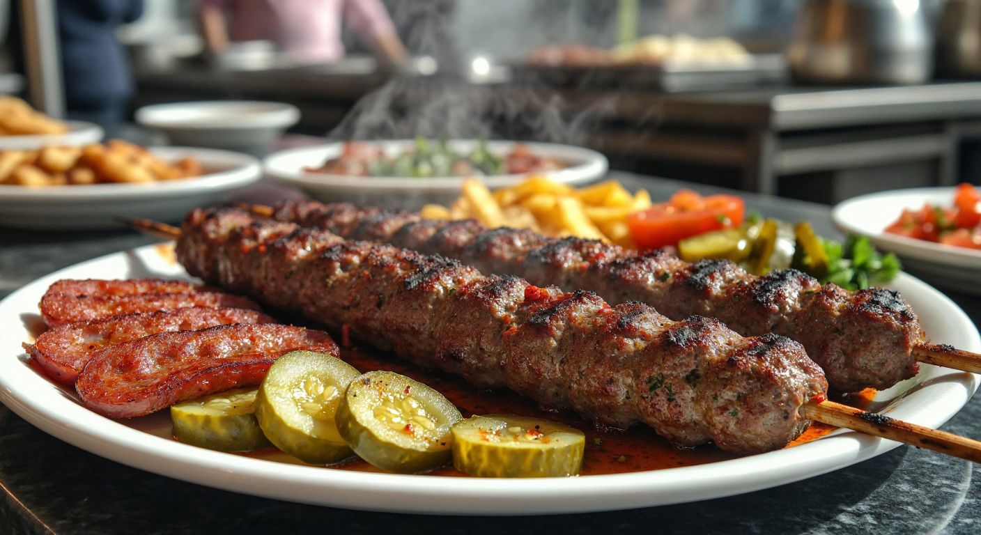 A sizzling skewer of Adana kebab, glistening with spices and fat, rests on a warm plate beside a colorful mix of pickles and grilled sucuk, with smoke rising from the grill in a bustling Turkish kebab restaurant.