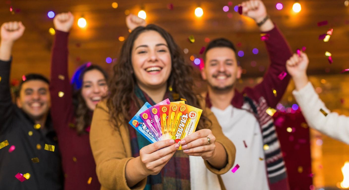 A festive scene in Turkey with a smiling person holding a colorful New Year's lottery ticket, surrounded by glowing lights and confetti, while others cheer nearby.