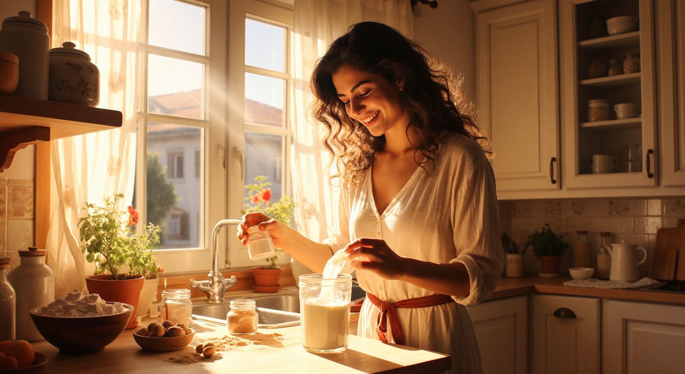 A Turkish woman in a bright kitchen smiles as she shakes a vanilla-scented powder container, then pours it into a glass of milk while sunlight streams through the window.