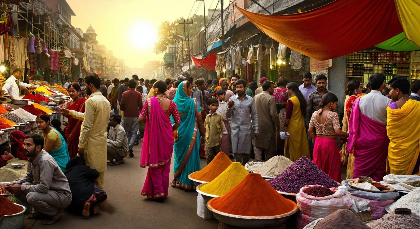 A vibrant, crowded Indian marketplace with diverse people in traditional attire, surrounded by colorful spices and fabrics, under a golden sunset.