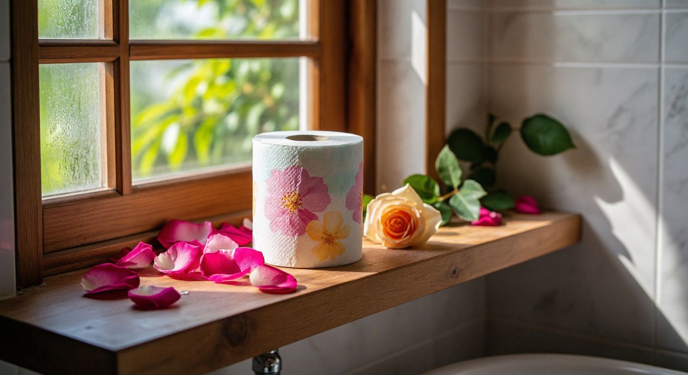 A pastel-colored, flower-scented toilet paper roll sits on a wooden shelf in a bright, clean Turkish bathroom, with fresh rose petals scattered nearby.
