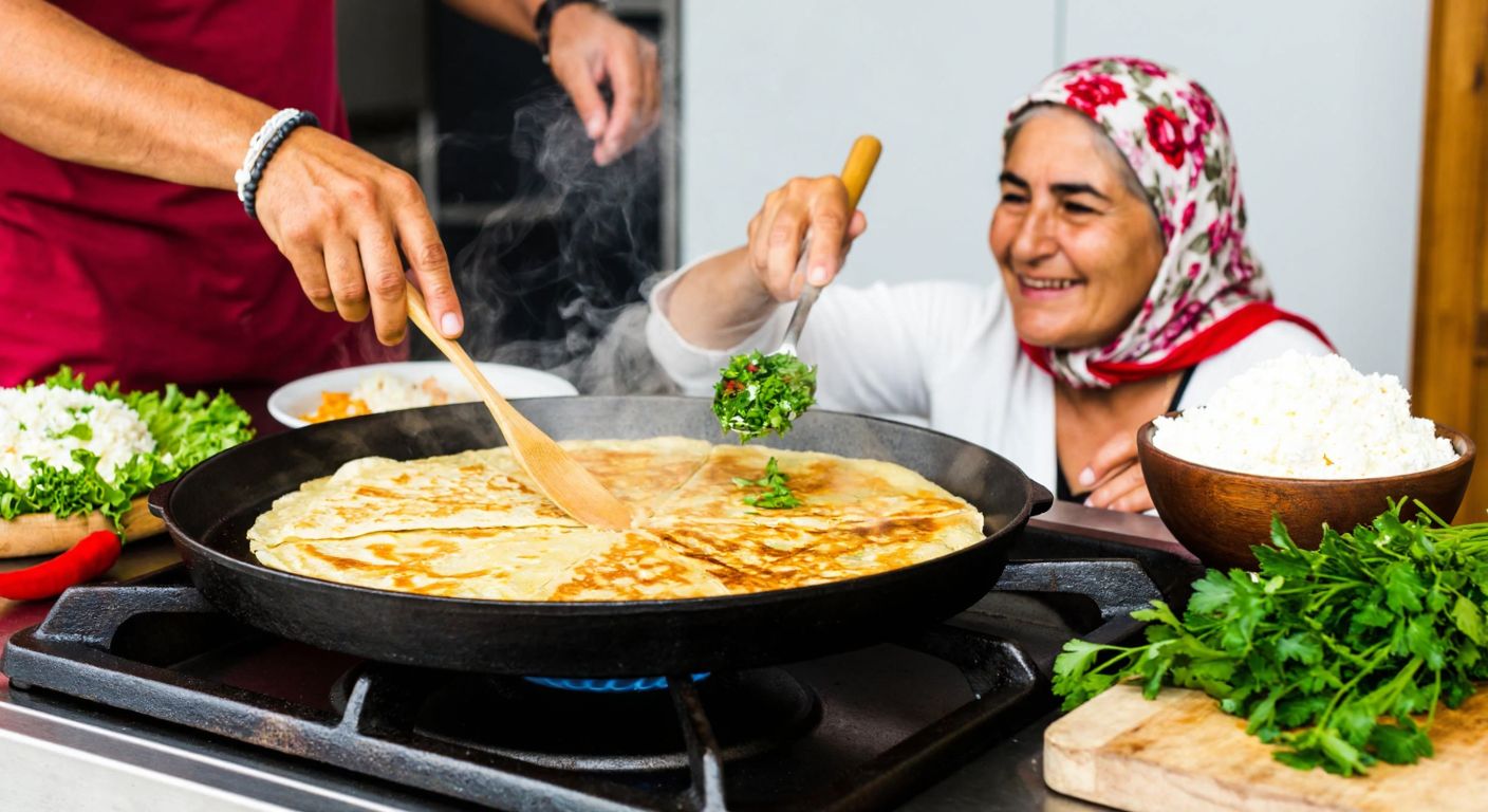 A traditional Turkish kitchen with a cast iron gözleme pan sizzling on a stove, steam rising from golden-brown dough, surrounded by fresh herbs and a bowl of white cheese, while a smiling elderly woman in a floral headscarf adjusts the heat with a wooden spoon.
