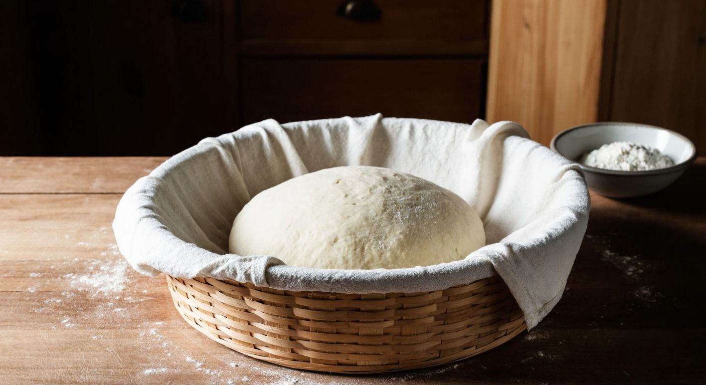 A rustic Turkish kitchen with a woven bamboo proofing basket lined with a tightly woven, flour-dusted cotton cloth, holding a round loaf of dough ready for baking.
