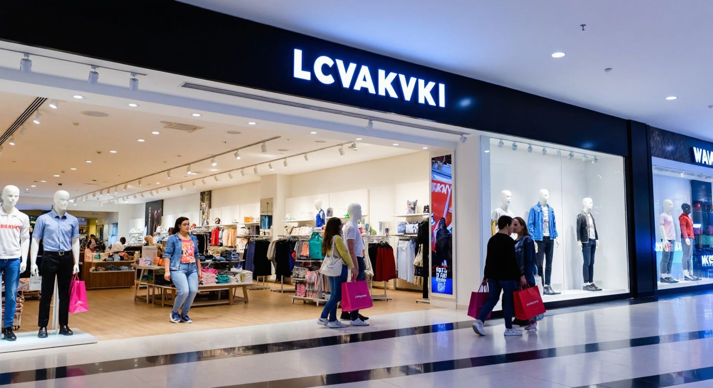 A bustling shopping mall in Istanbul with a brightly lit LC Waikiki storefront, shoppers carrying colorful bags, and mannequins dressed in casual clothing displayed behind large glass windows.