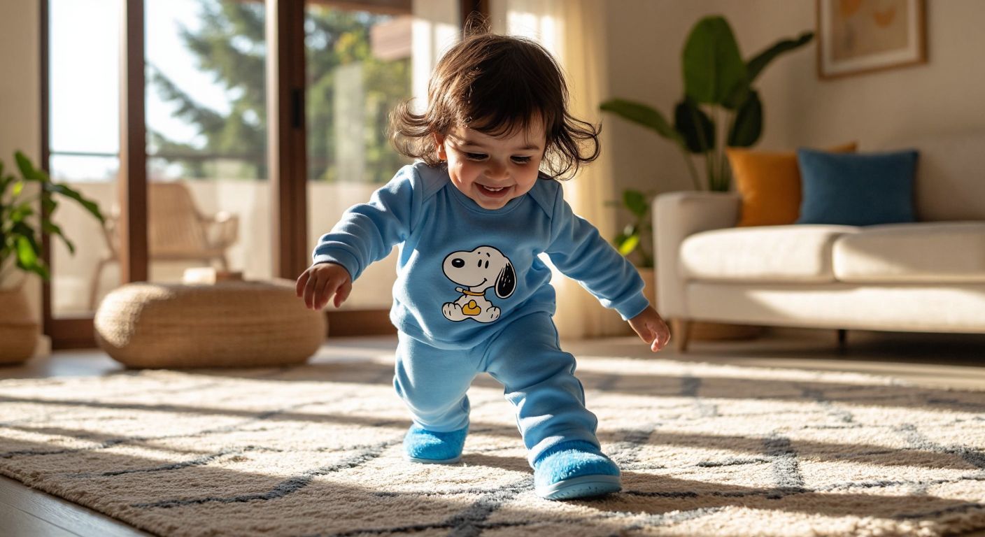 A smiling Turkish child wearing soft blue Igor-branded slippers with a Snoopy design, happily stepping on a cozy rug in a sunlit living room.