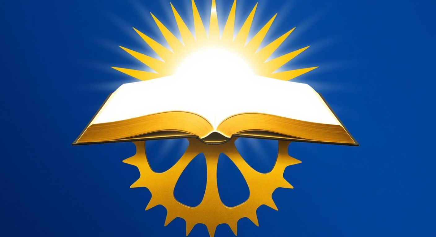 A golden open book glowing under sunlight, resting atop a stylized Hittite sun disk, with rays radiating outward against a deep blue background, symbolizing knowledge and heritage.