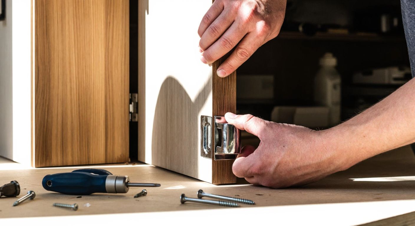 A close-up of a person’s hands carefully screwing a sleek metal handle onto a wooden cabinet door, with a screwdriver and scattered screws nearby on a sunlit workshop table.