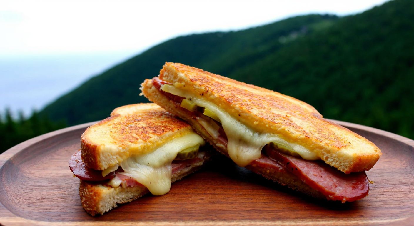 A golden-brown toasted sandwich oozing melted cheese, filled with slices of sausage and pickles, served on a rustic wooden plate against a backdrop of lush green hills and the Black Sea coastline.