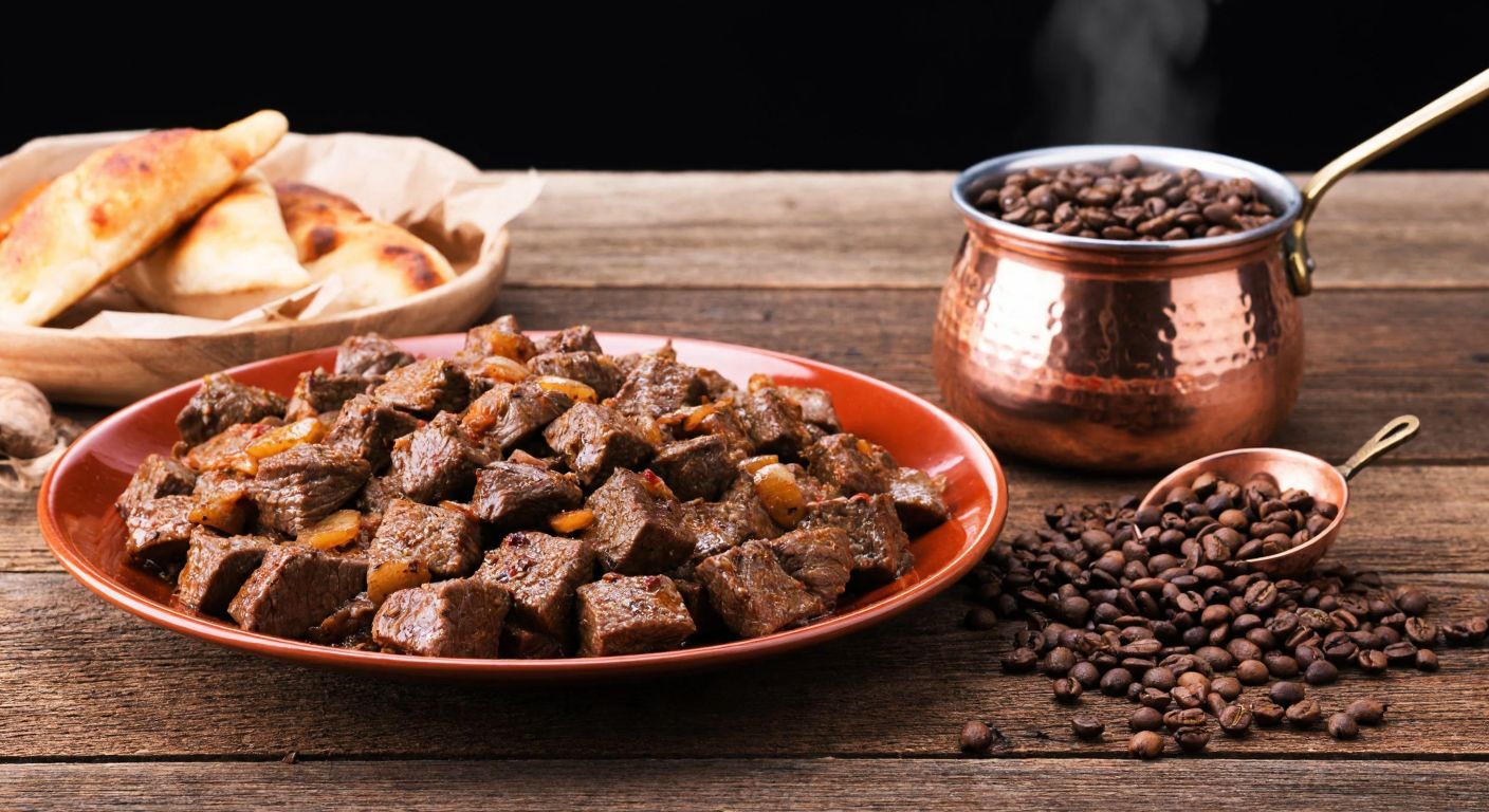 A steaming plate of richly browned kavurma with tender meat pieces sits beside a small copper pot of freshly roasted coffee beans, surrounded by scattered spices and a rustic wooden table in a warm Turkish kitchen.