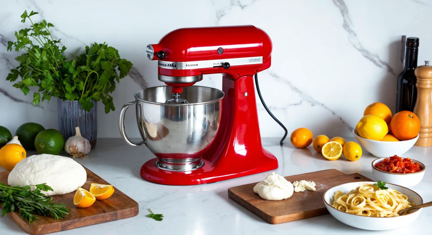 A vibrant Turkish kitchen with a gleaming red KitchenAid mixer on a marble countertop, surrounded by fresh ingredients like dough, citrus fruits, herbs, and a bowl of homemade pasta, evoking warmth and culinary creativity.