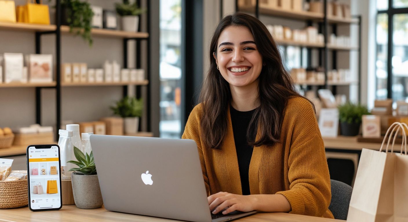 A Turkish entrepreneur smiling while managing a vibrant online store on a laptop, surrounded by neatly arranged products, a smartphone displaying a social media sales post, and a customer happily holding a shopping bag.
