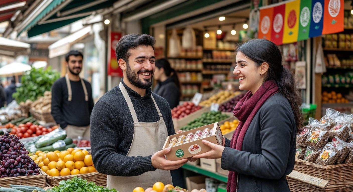 A vibrant Turkish marketplace scene with a smiling shopkeeper handing a beautifully packaged product to a delighted customer, surrounded by colorful logos, attentive staff, and a banner showcasing eco-friendly initiatives.