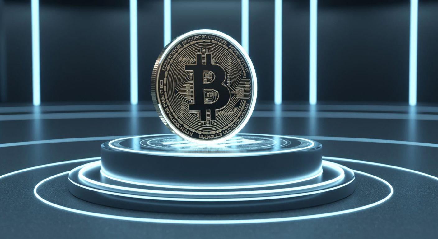 A glowing digital coin with a "1 billion" engraving rests on a sleek, futuristic pedestal surrounded by a faint holographic aura, symbolizing scarcity and value.