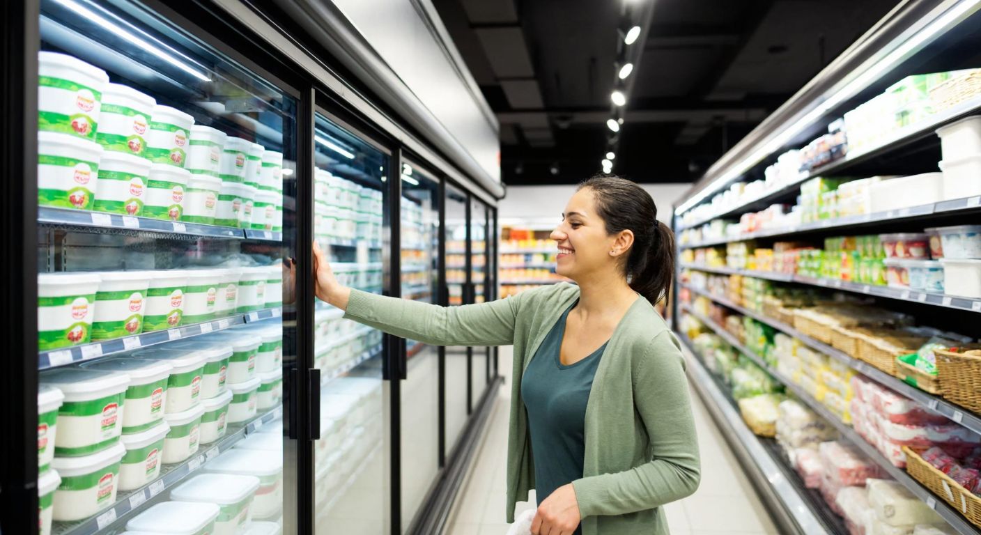 A well-lit supermarket aisle with neatly stacked packages of Pınar salamura peynir on a refrigerated shelf, a smiling Turkish shopper in casual attire reaching for one.