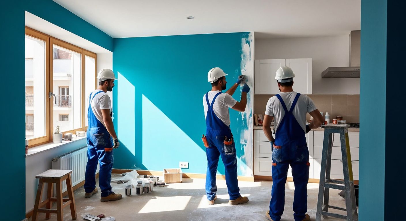 A group of Turkish construction workers in blue overalls and hard hats renovating a bright, sunlit apartment, with one painting a turquoise accent wall, another installing tiles in a kitchen, and a third applying plaster to a ceiling.
